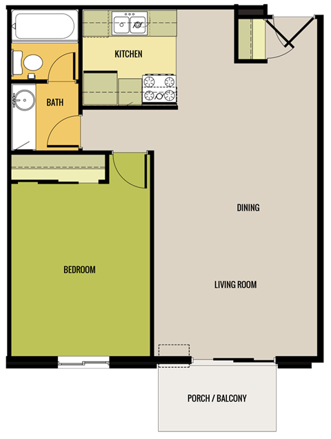 Floor plan for 1 bed, 1 bath, 600 sqft